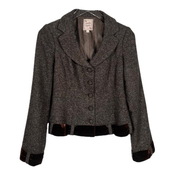 Nanette Lepore Brown Tweed Velvet Ribbon Trim Blazer Size 2 - Picture 1 of 4